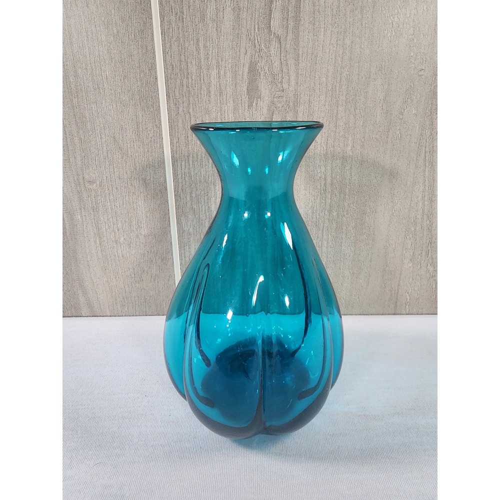 Vintage Blenko Handblown Vase Turquoise Teal Blue MCM Lobed Art Glass